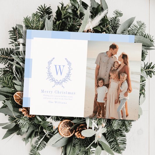 Botanical Crest Monogram Blauwe Kerstfoto Feestdagenkaart