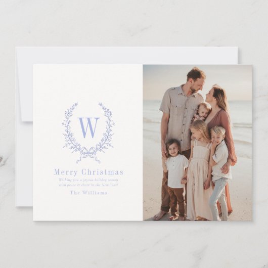 Botanical Crest Monogram Blauwe Kerstfoto Feestdagenkaart (Voorkant)