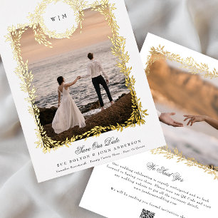 Botanical Crest Monogram Foto Lijst Echt Goud Folie Uitnodiging