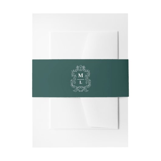 Botanical Crest Monogram Hunter Green Wedding Uitnodigingen Wikkel (Voorkant Voorbeeld)