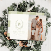 Botanical Crest Monogram Sage Kerstfoto Feestdagenkaart