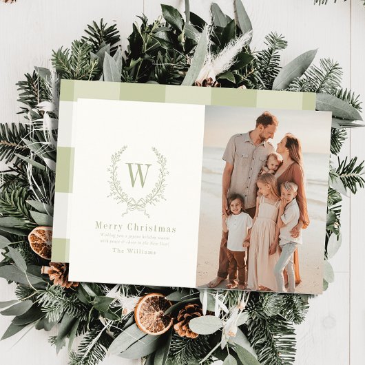 Botanical Crest Monogram Sage Kerstfoto Feestdagenkaart