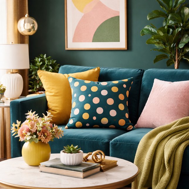 Botanical Deep Teal, Chartreuse & Blush Polka Dots Kussen (Creator heeft geüpload)