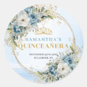 Botanical Dusty Blue Gold Eucalyptus Quinceañera  Ronde Sticker (Voorkant)