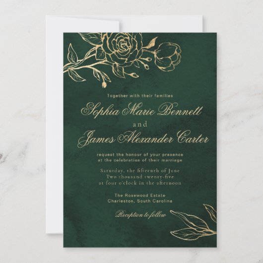 Botanical Emerald ang Gold Elegant Wedding Kaart (Voorkant)
