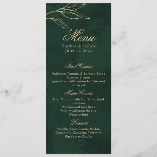 Botanical Emerald Green and Gold Elegant Wedding Menu (Voorkant)