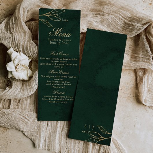 Botanical Emerald Green and Gold Elegant Wedding Menu