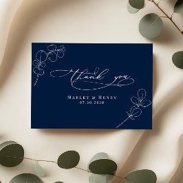 Botanical Eucalyptus Leaves Navy Blue Wedding Bedankkaart