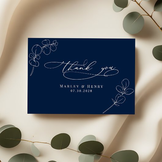 Botanical Eucalyptus Leaves Navy Blue Wedding Bedankkaart