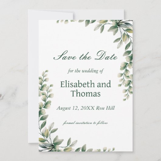 Botanical eucalyptus leaves save the date card bedankkaart (Voorkant)