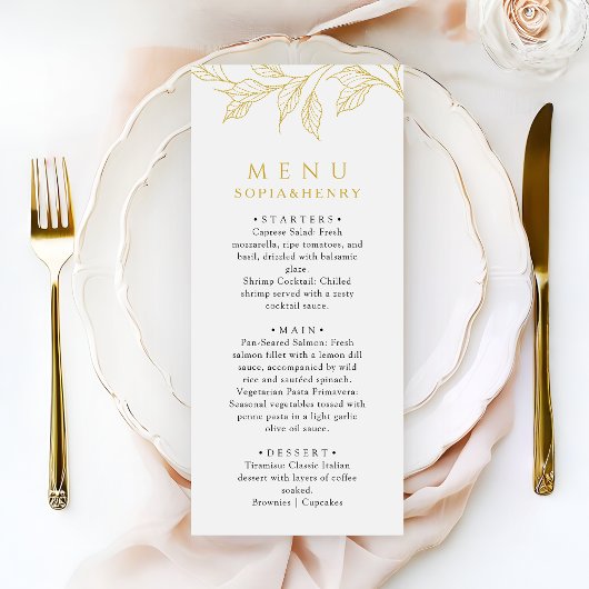 Botanical Faux Gold Elegant Wedding Menu
