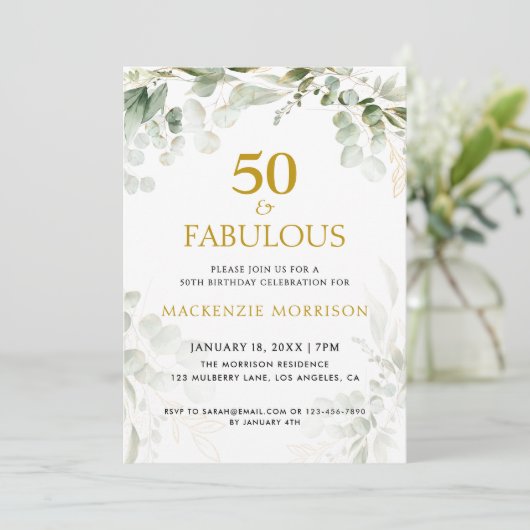 Botanical Fifty and Fabulous Script Birthday Party Kaart (Staand voorkant)
