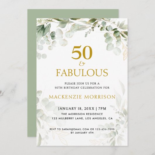 Botanical Fifty and Fabulous Script Birthday Party Kaart (Voorkant / Achterkant)