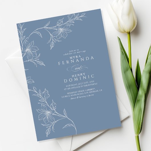 Botanical Floral Dusty Blue Wedding Kaart
