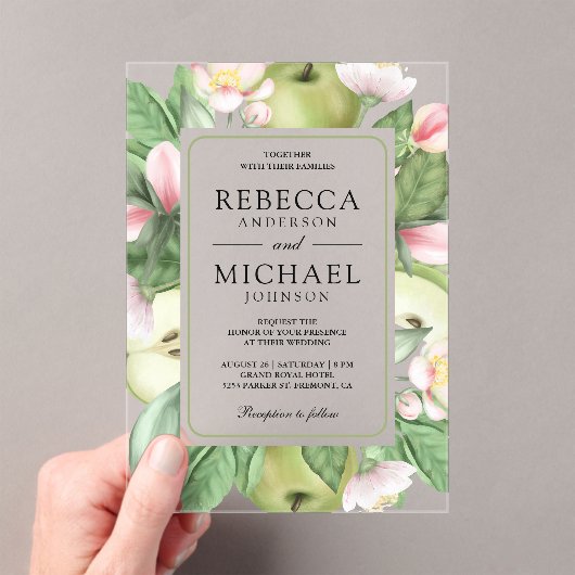 Botanical Floral Green Apple Orchard Wedding Acryl Uitnodigingen (Insitu (Draagbaar))
