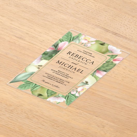Botanical Floral Green Apple Orchard Wedding Acryl Uitnodigingen (Laagn)