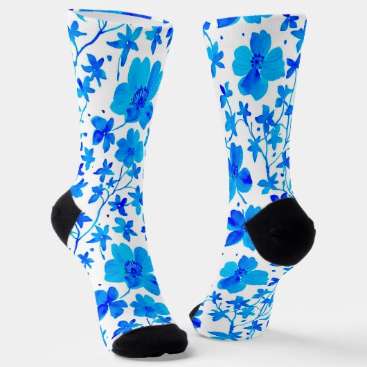 Botanical Floral in Deep Blue and White  Sokken (Gebogen)