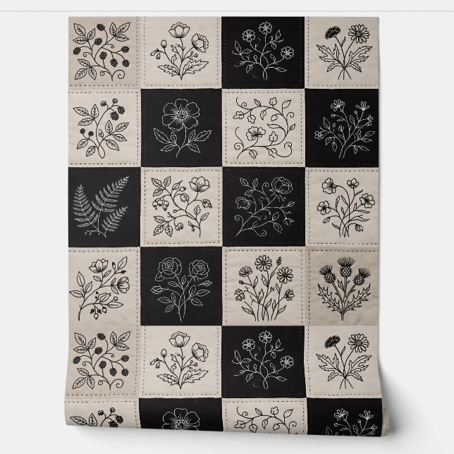 Botanical Floral Leather Look Patchwork Stitched Behang (Afrollen)