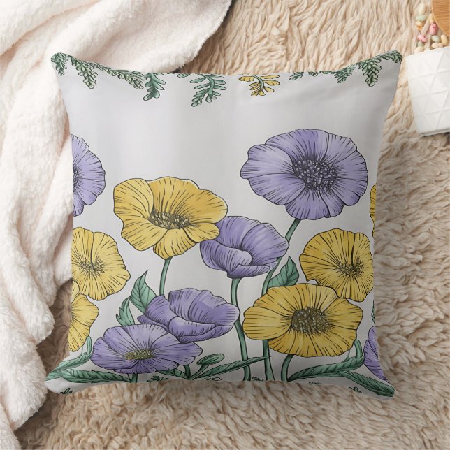 Botanical Floral Pillowcase – Purple & Yellow Hand Kussen (Deken)