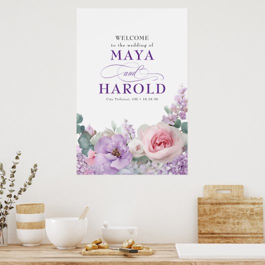 Botanical Floral Purple and Pink Wedding Welcome Poster (Keuken)