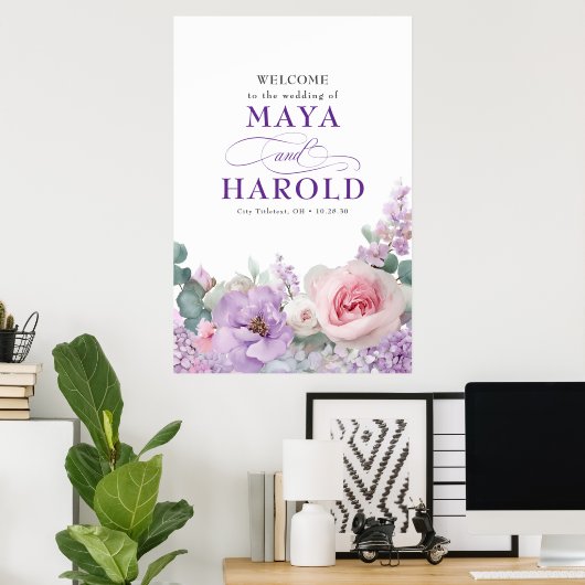 Botanical Floral Purple and Pink Wedding Welcome Poster (Thuiskantoor)