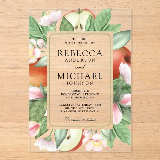 Botanical Floral Red Apple Orchard Wedding Acryl Uitnodigingen (Voorkant)