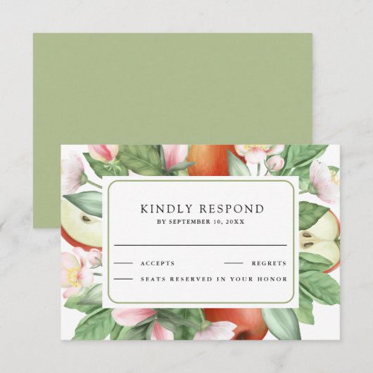 Botanical Floral Red Apple Orchard Wedding RSVP Kaartje (Voorkant / Achterkant)