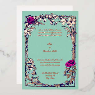 Botanical Floral Roos Vine Border Wedding Folie Uitnodiging
