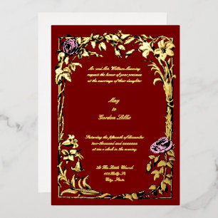 Botanical Floral Roos Vine Border Wedding Folie Uitnodiging