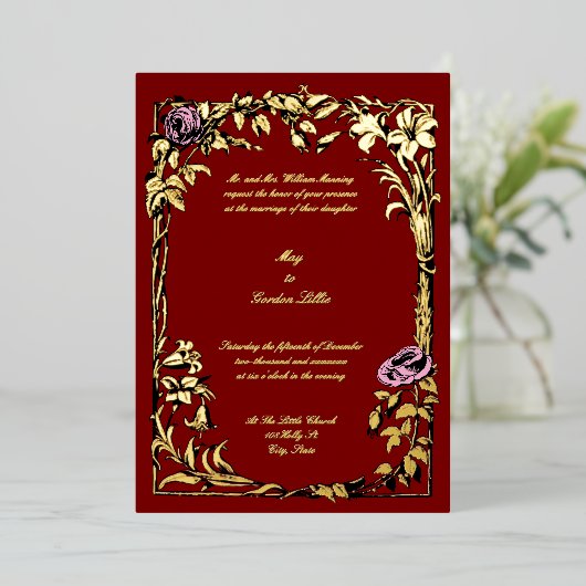 Botanical Floral Roos Vine Border Wedding Folie Uitnodiging (Staand Voorkant)