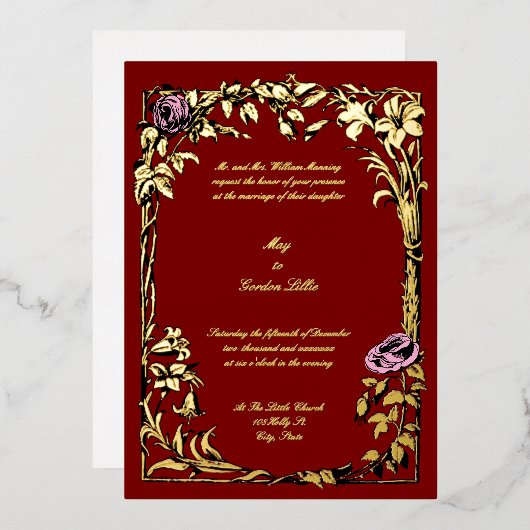 Botanical Floral Roos Vine Border Wedding Folie Uitnodiging (Voorkant / Achterkant)