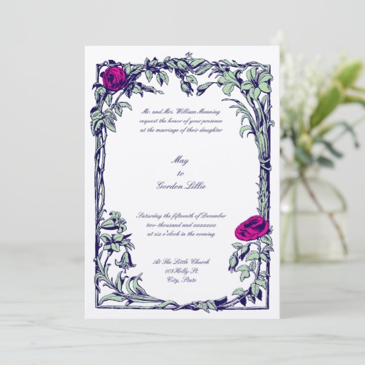 Botanical Floral Roos Vine Border Wedding Kaart (Staand voorkant)