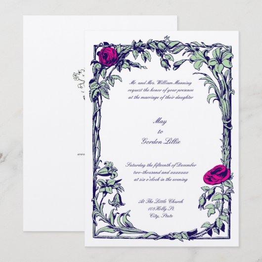 Botanical Floral Roos Vine Border Wedding Kaart (Voorkant / Achterkant)