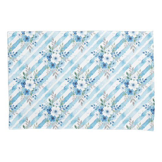 Botanical Floral Stripe Blue White Watercolor Kussensloop (Voorkant-Links)