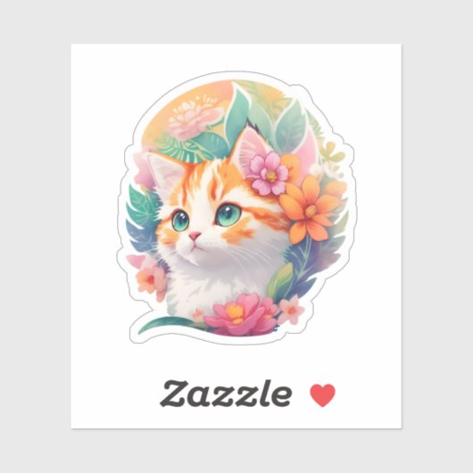 Botanical Flower Tabby Cat Waterverf Portret Sticker (Vel)
