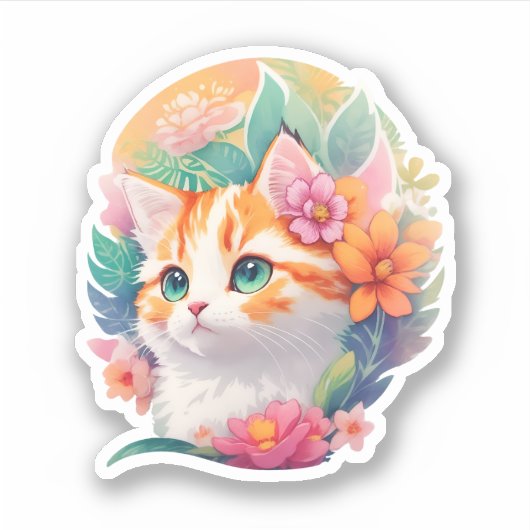 Botanical Flower Tabby Cat Waterverf Portret Sticker (Voorkant)