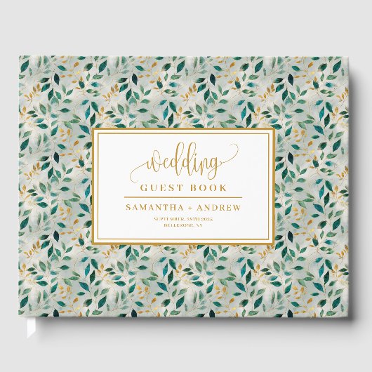 Botanical Forest Green en Gold Wedding Gastboek Gastenboek (Voorkant)