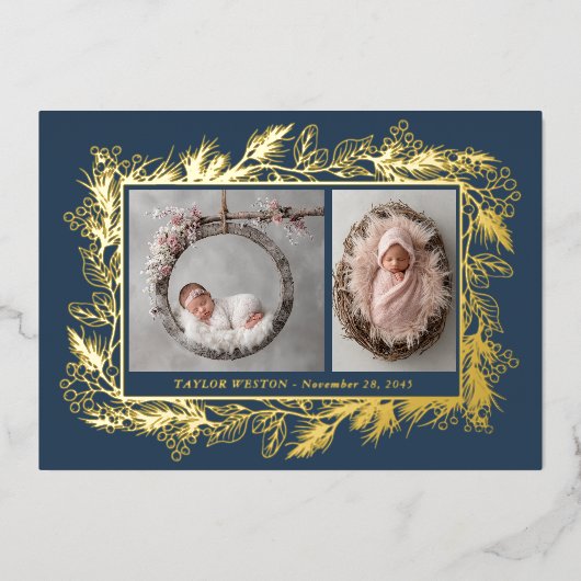 Botanical Frame Blue Winter Foliage New Baby Folie Feestdagenkaart (Voorkant)