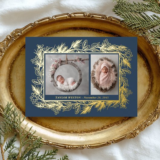 Botanical Frame Blue Winter Foliage New Baby Folie Feestdagenkaart