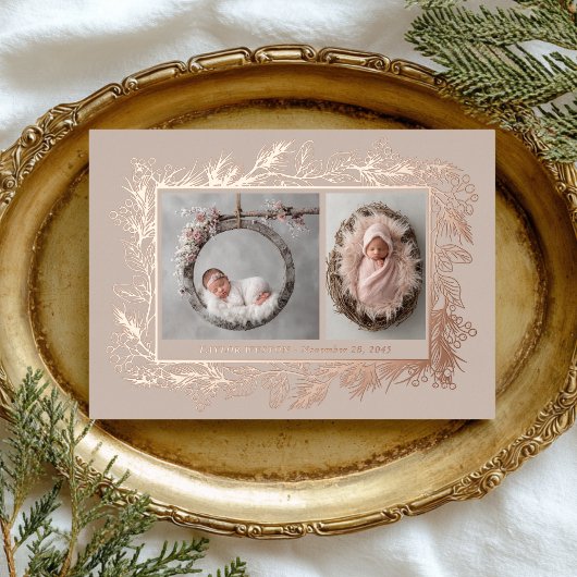 Botanical Frame Winter Foliage New Baby Birth Folie Feestdagenkaart