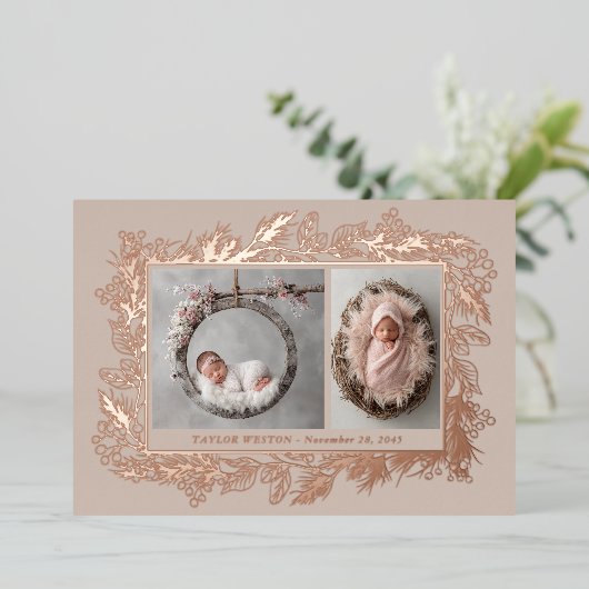 Botanical Frame Winter Foliage New Baby Birth Folie Feestdagenkaart (Staand Voorkant)