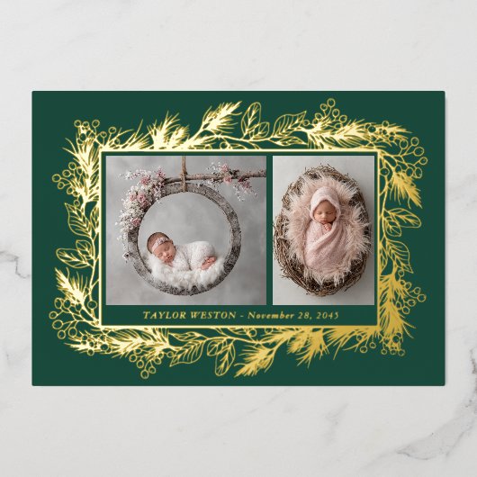 Botanical Frame Winter Foliage New Baby Folie Feestdagenkaart (Voorkant)