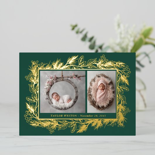 Botanical Frame Winter Foliage New Baby Folie Feestdagenkaart (Staand Voorkant)