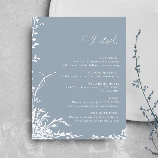 Botanical Garden Dusty Blue Wedding Details Informatiekaartje