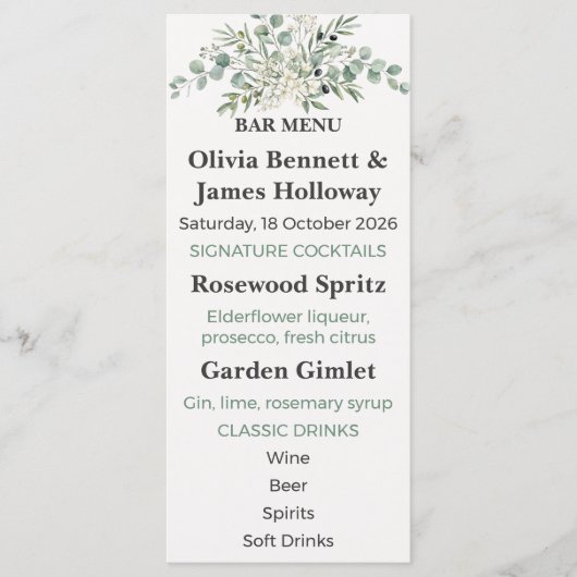 Botanical Garden Wedding Bar Menu (Voorkant)