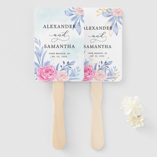 Botanical Gilded Gold Greenery Pink Rose Wedding Handwaaier (Voorkant en achterkant)