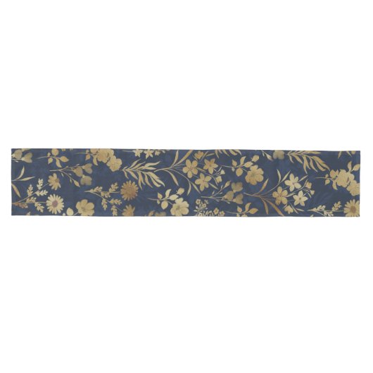 Botanical Gold Flowers Blue Pattern Medium Tafelloper (Horizontaal)