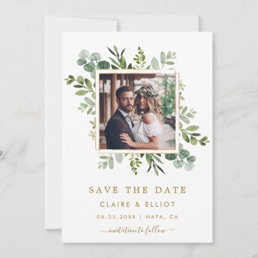 Botanical Gold Green Wedding Photo Save the Date (Voorkant)