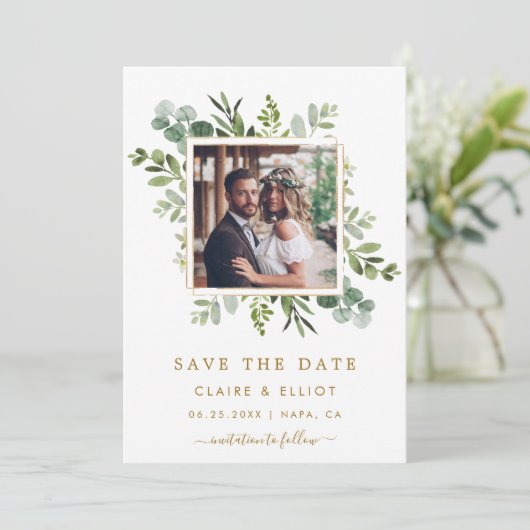 Botanical Gold Green Wedding Photo Save the Date (Staand voorkant)