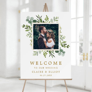 Botanical Gold Green Wreath Photo Wedding Welcome Poster